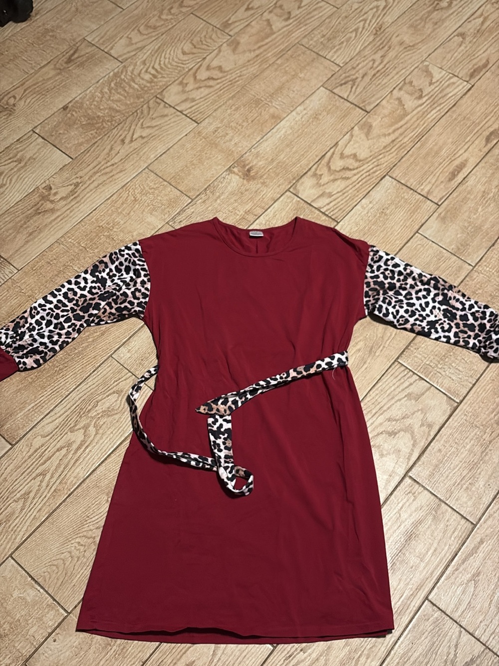 Burgundy Dress with Leopard Print Sleeves & Waist Tie